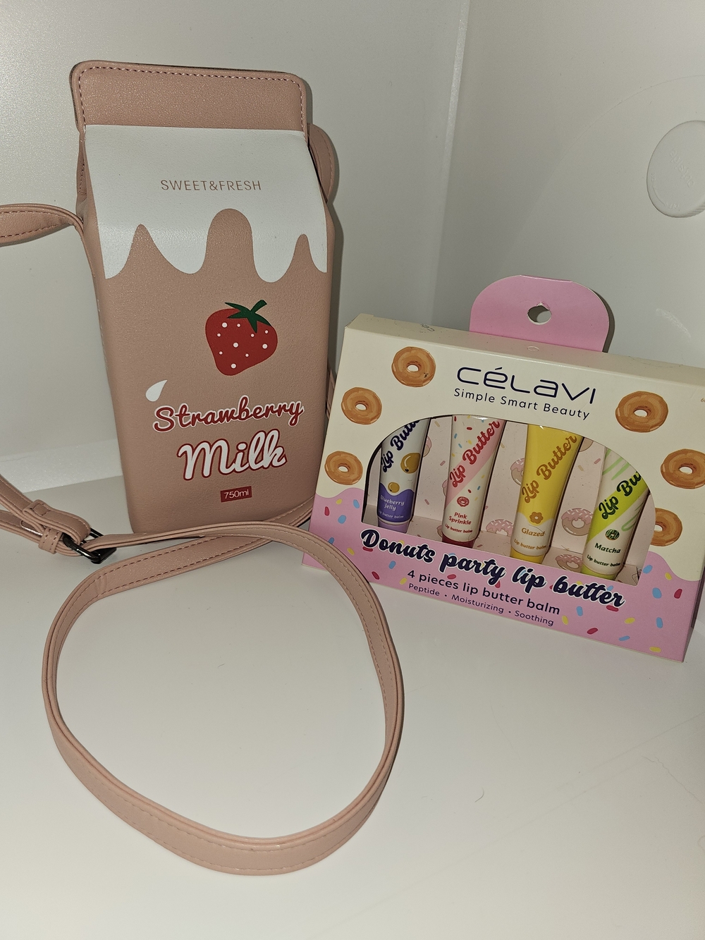 Strawberry Milk Crossbody Purse And Donut Lip Butters Set Of 4 - Picture 8 of 8